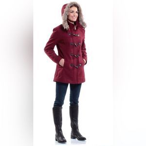 Alpine Swiss Red Wool Fur Hooded Peacoat Jacket Large